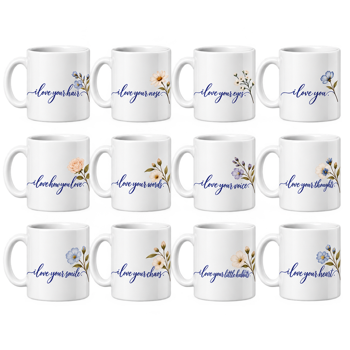 Full Set - 12 I Love You Mugs